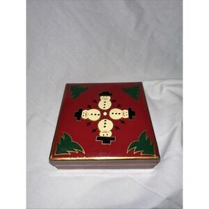 6 Fireside Lacquerware Snowman Coaster Set Black Red Gold Christmas Tree Holiday
